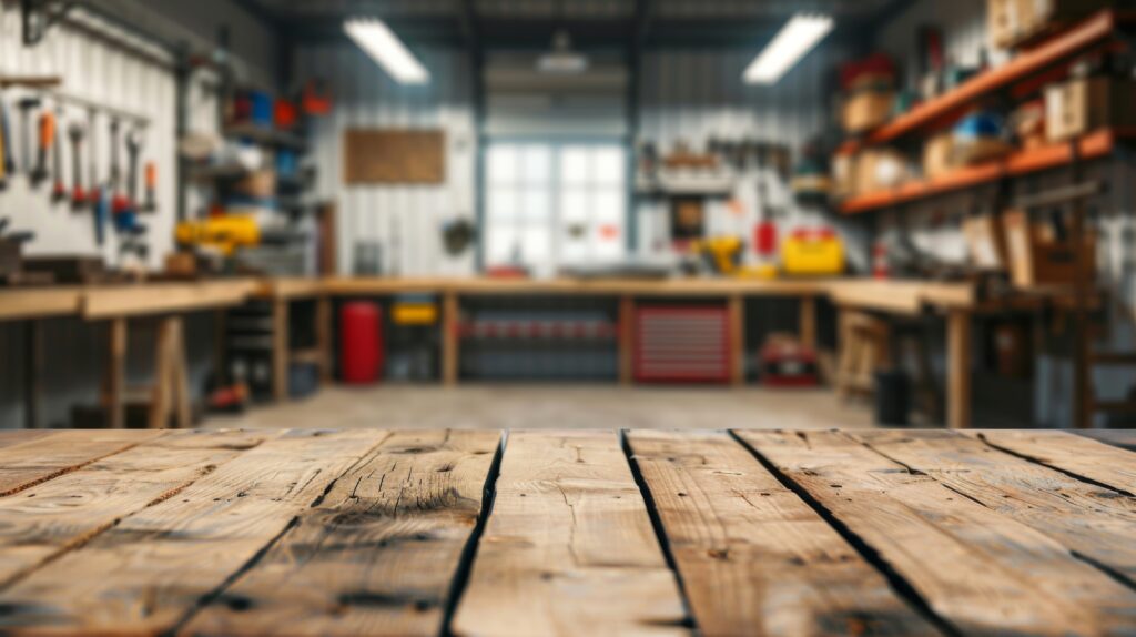 listings empty wooden table with blurred background of garage, tools for product display montage, ecommerce and advertising concept